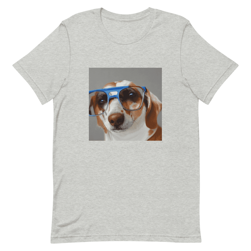 an image of A photo of a dog wearing glasses on a T-Shirt